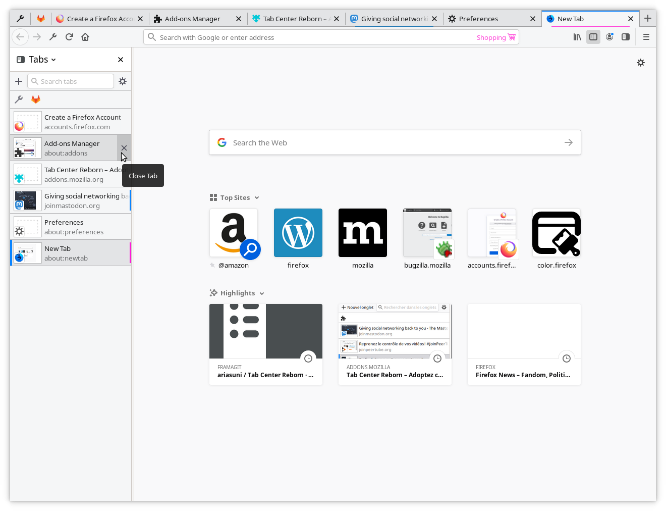 Capture d’écran de l’extension Firefox Tab Center Reborn en mode informatif et onglets épinglés en mode favicon uniquement